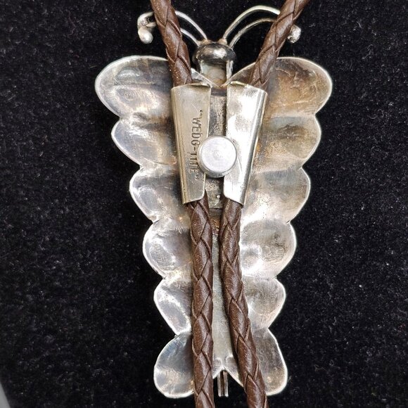 Navajo Turquoise Sterling Silver Bolo Tie Large Butterfly Signed HW. USA - Picture 7 of 12